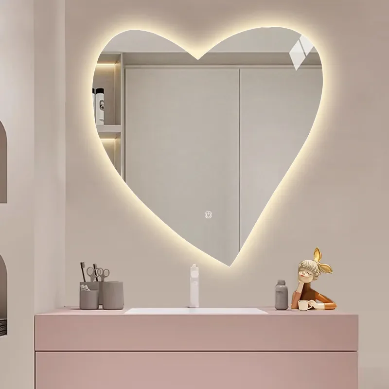 Ultra White Glass Cartoon Peach Heart Bathroom Washbasin Wall Hanging LED Makeup Mirror with Touch Lamp Fill Light
