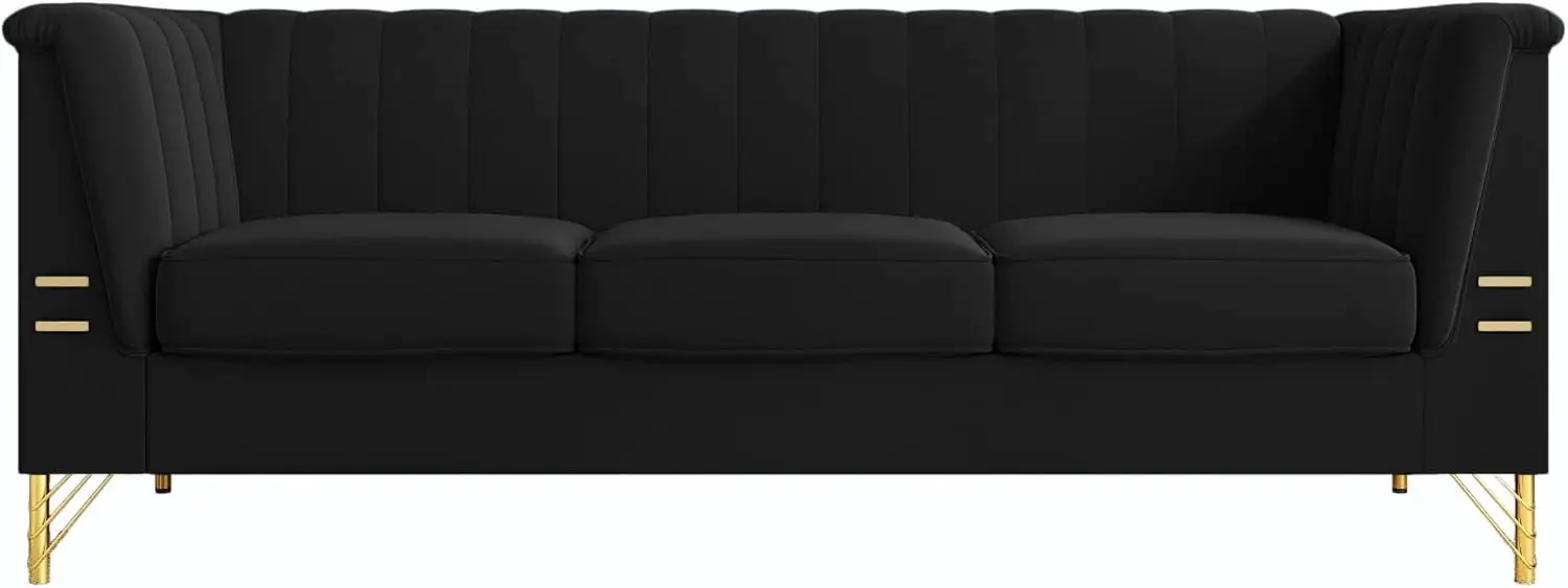 83'' Medieval Modern Wind Velvet Multi-Person Sofa Cardboard Box Two Packages Delivered to Your Door (Black)