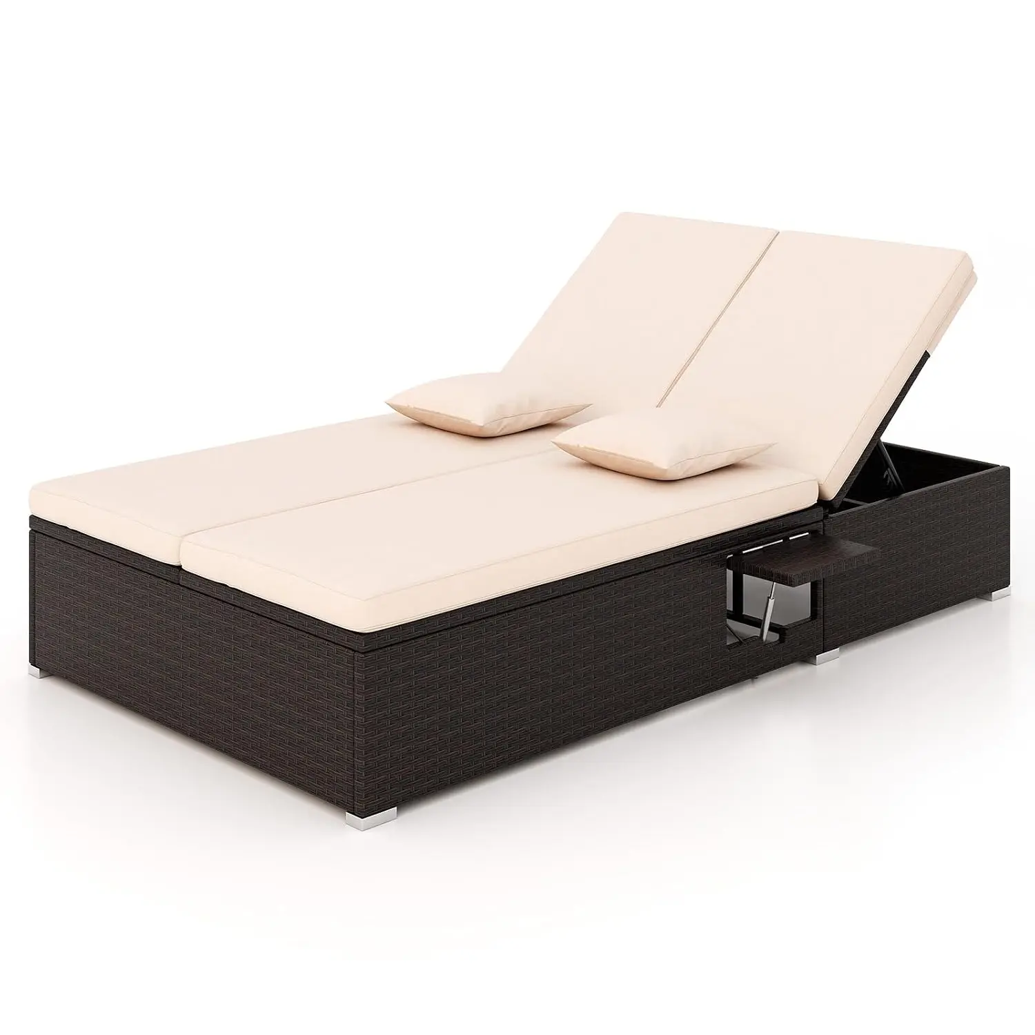 Rattan Outdoor Patio Daybed - Wicker Double Chaise Lounge Chair w/6-Position Backrest, 2 Folding Side Trays,, Customized
