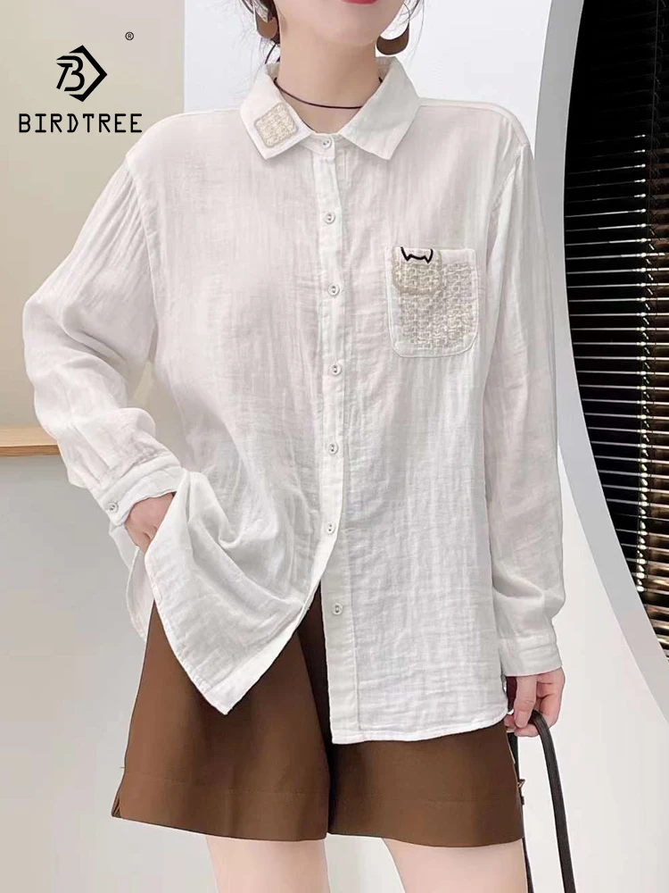 

New 2025 Autumn Cotton Yarn Long Sleeve Shirt, Women Turn-down Collar Embroidery, Mori Girl Versatile Soft Loose Blouse T57424CC