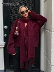 Fashion Scarf Neck  Wine Red Knitted Sweater Women Elegant Single Breasted Long Sleeve Cardigan Coat Autumn Chic Street Jumper