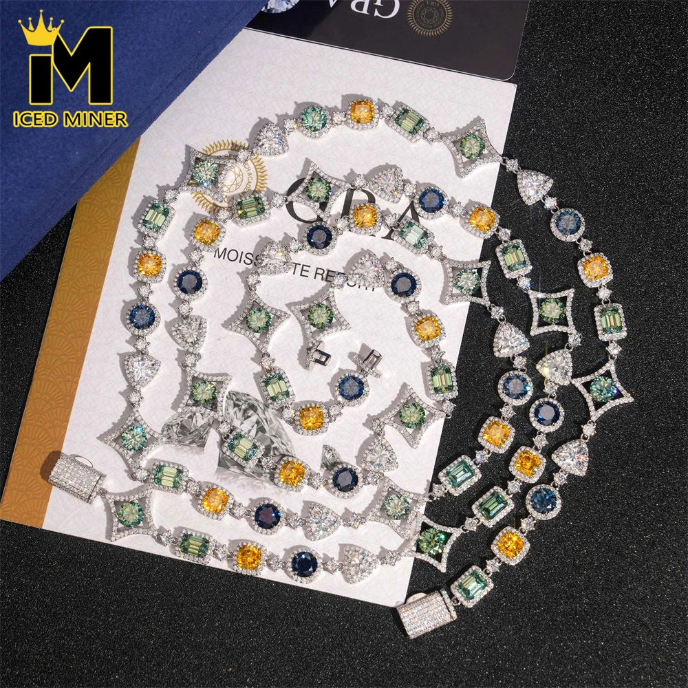 

Icedminer 17mm Colorful Moissanite Diamonds Stars Link Chain Iced Out Necklaces For Men Women S925 Silver Choker Pass Tester