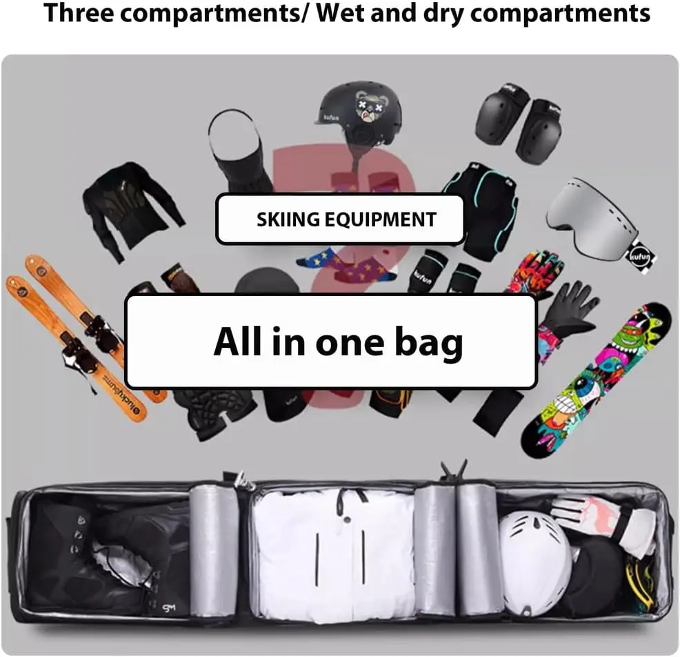 Ski Bag with Wheels for Air Travel, Waterproof Roller Snowboard Bag Padded 3 Outside Bags for Carrying, Storage & Transportation