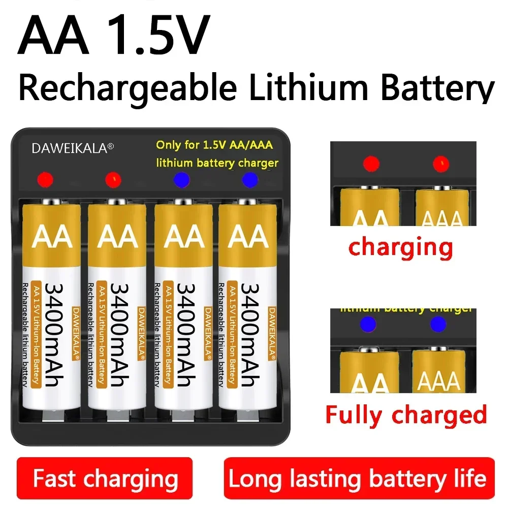 

1.5V AA 3400mAh Rechargeable Li-ion Battery for Remote Mouse Small Fan Electric Toys with Exclusive Charger