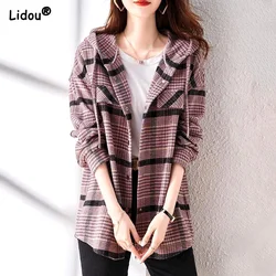 Lattice Hooded Drawstring Button Autumn Winter Loose Casual Jackets Simplicity Oversized Women's Clothing 2022 Creative Pockets