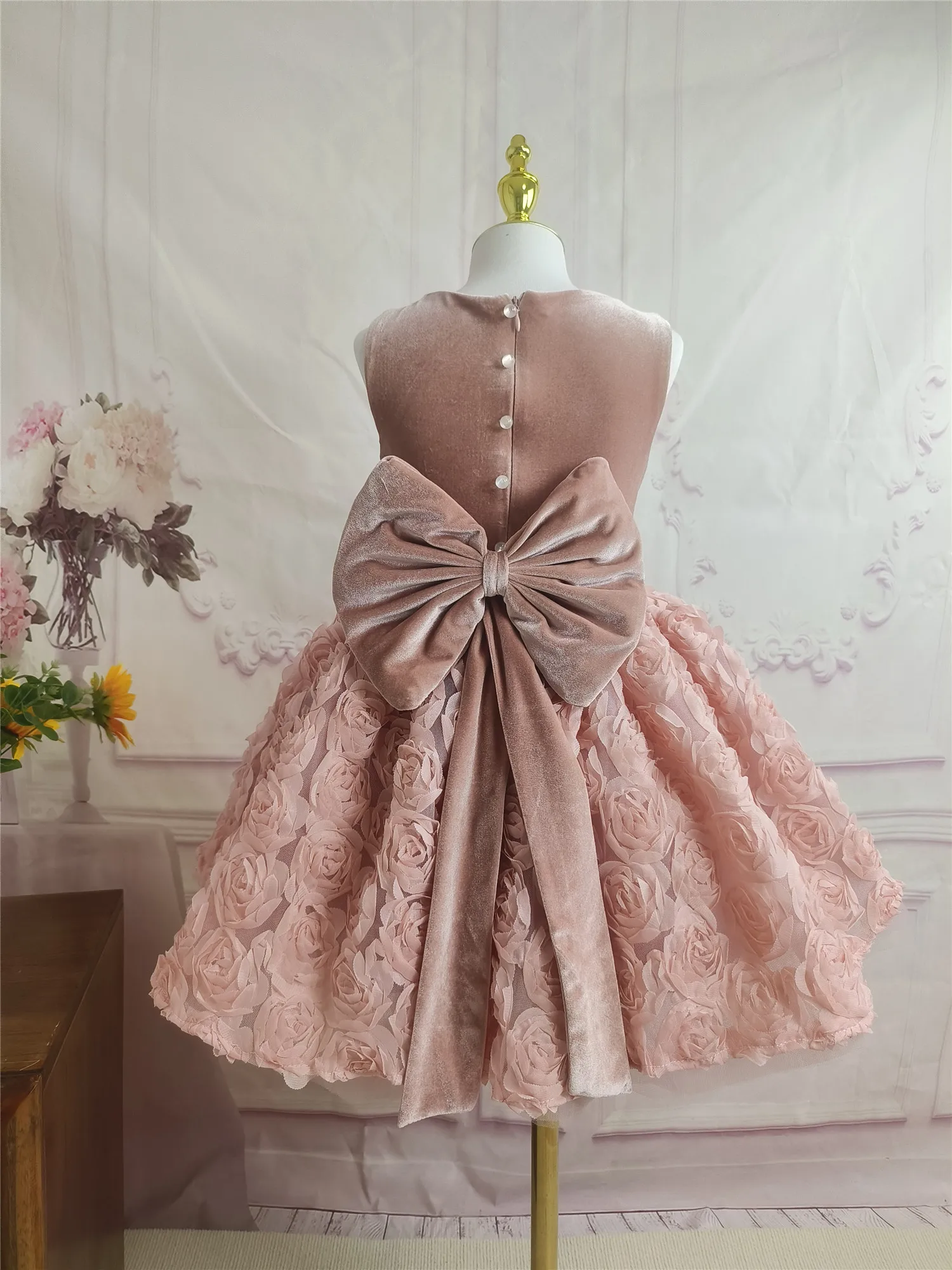 Robe de soirée en dentelle rose avec grand nœud pour filles, tutu de princesse pour enfants, robe de mariée et d'anniversaire, vêtements éducatifs