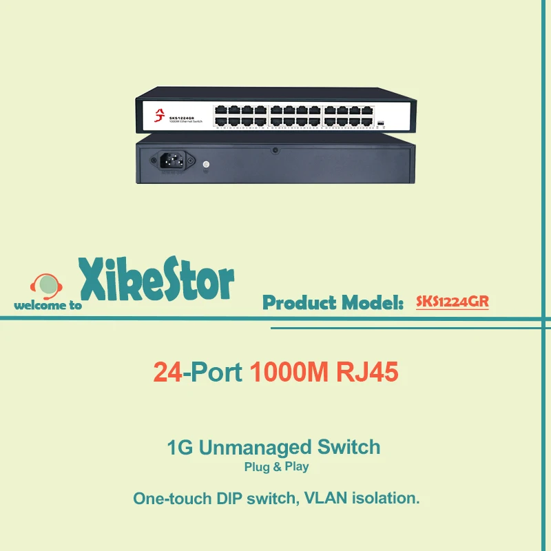 

XikeStor 1000M Unmanaged Network Gigabit Ethernet 24-портовый коммутатор 1000M RJ45 с функцией One-touch DIP, изоляцией VLAN, Plug and Play