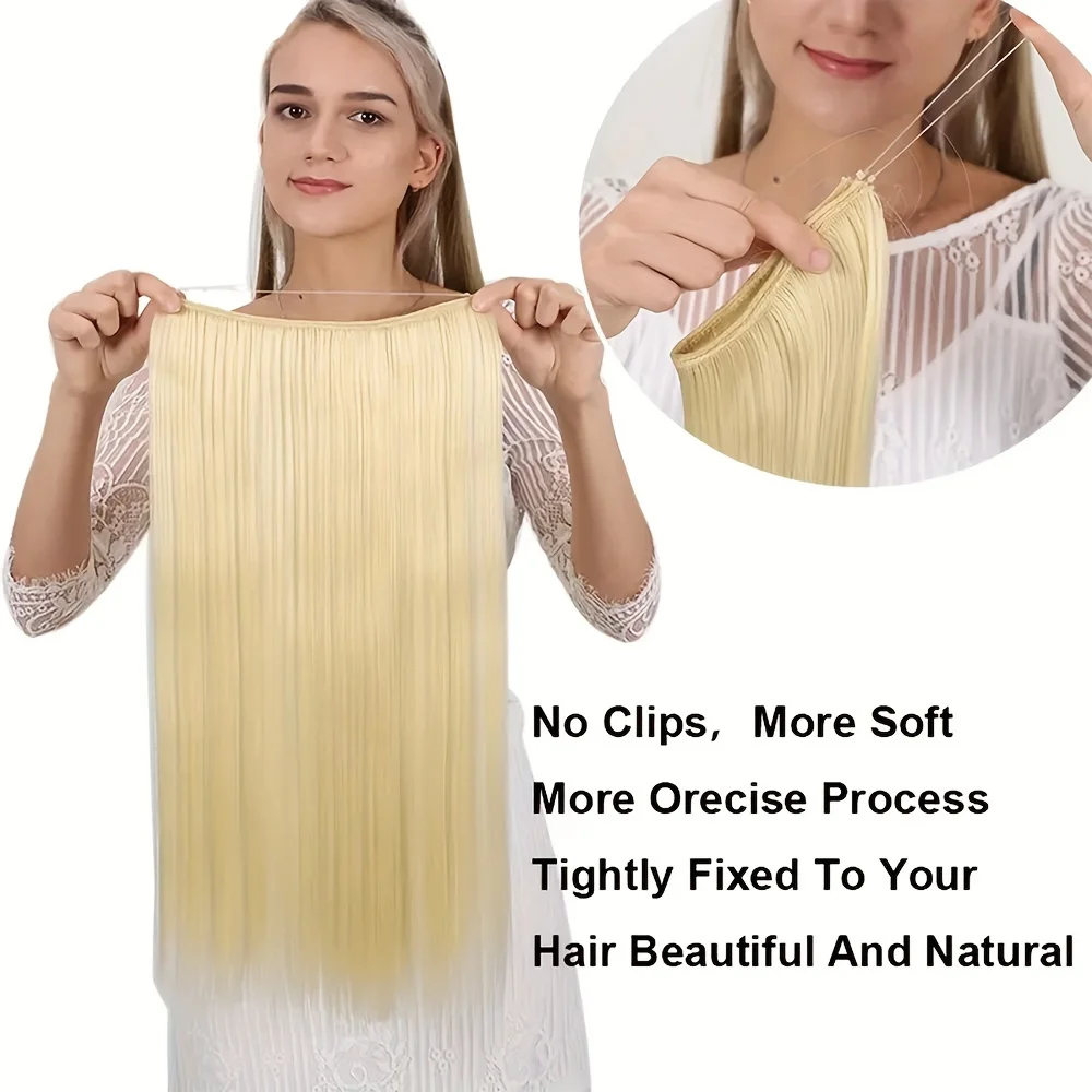 Extensión de cabello sintético sin Clip para mujer, cabello falso Invisible, línea de pescado recta de hueso sedoso, peluca elegante, 22 pulgadas