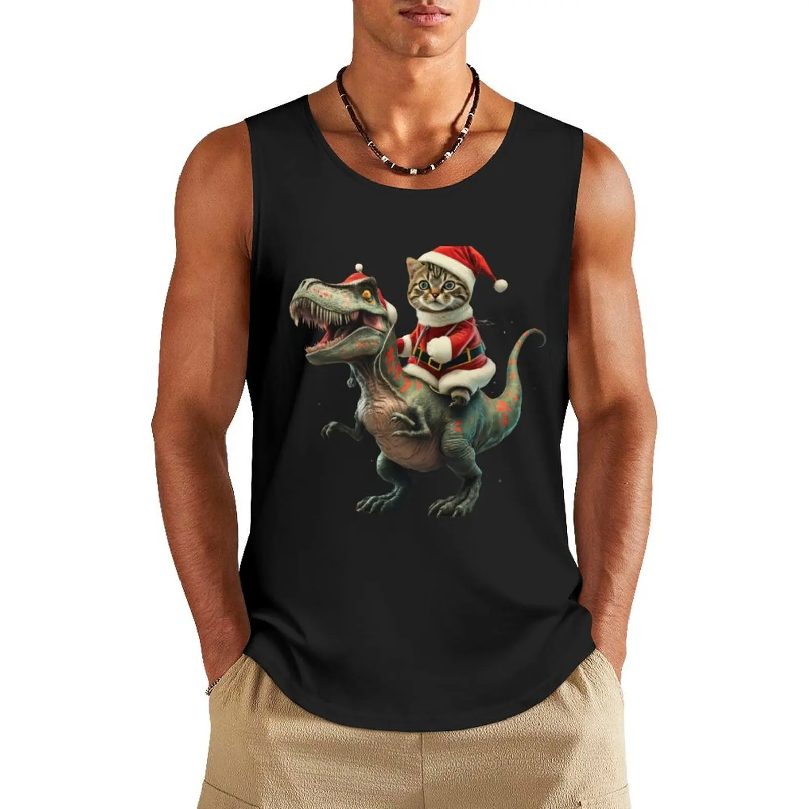

Cat Riding A Dinosaur T Rex Christmas Gifts MERRY CATMAS Meowy Christmas CaTtmas Here Comes SANTA CLAWS in Hat Feline F Tank Top