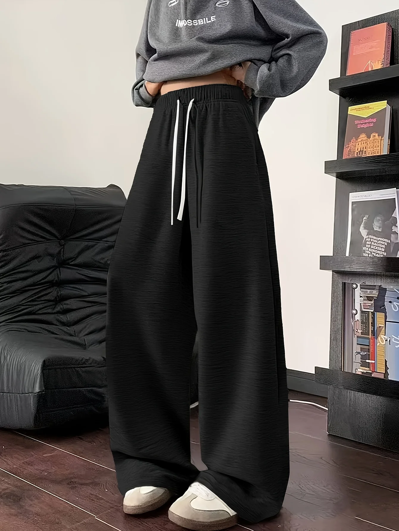 Unisex solid color drawstring wide leg pants, casual elastic waist pants, couple pants