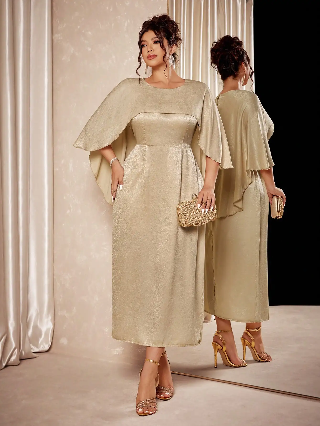 

Plus Size Elegant Gold Metallic Cape Sleeve Midi Dress