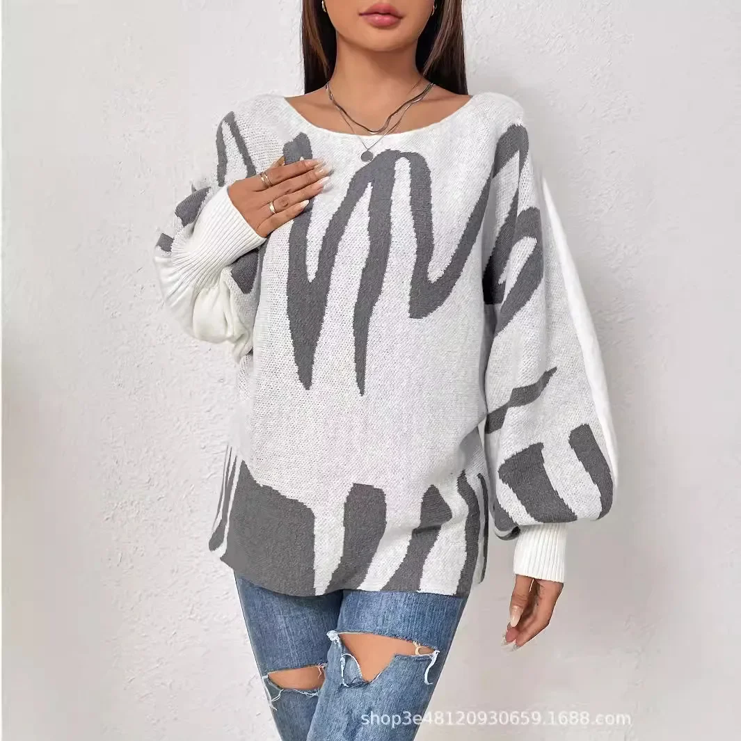 Mulheres impressão suéteres manga longa pulôveres de malha em torno do pescoço grosso jumpers solto quente casual senhora leve estiramento high street