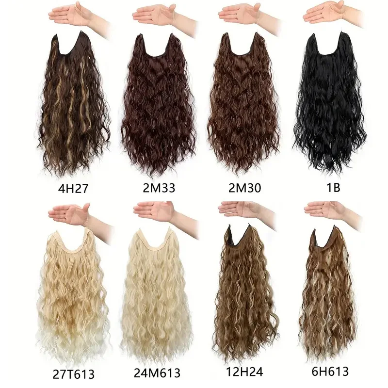 18Inch Synthetic Fishing Line Hair Extension Black Blonde One Piece Long Wave Curly Invisible Fake Hairpiece for Women image 3