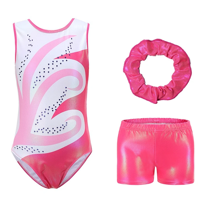 Leotards For Girls 3Pcs Ballet Dance Gymnastics Suit Fashion Gradient Gilding Rhinestone Inlay Bodysuit With Shorts And Headband