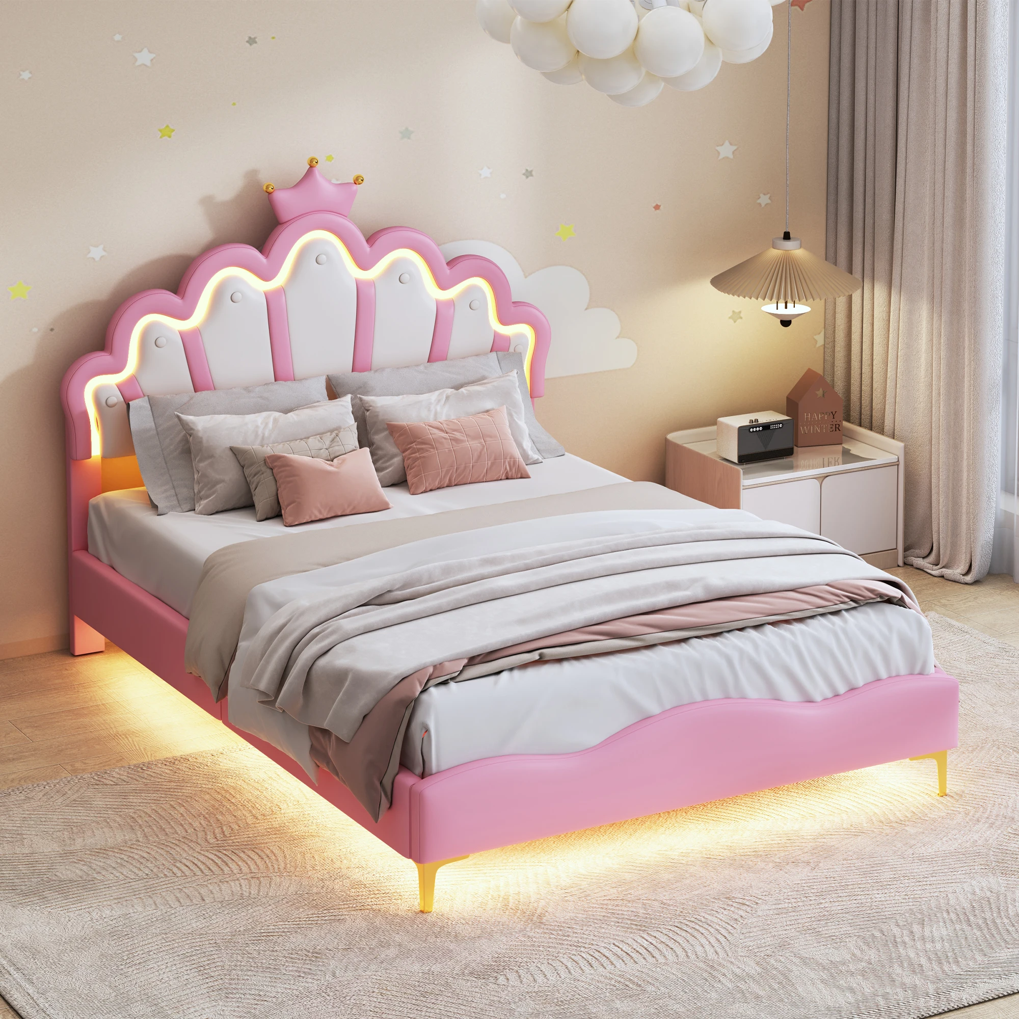Anajqaqia Lit de princesse avec rangement 90/140×200 cm, lit simple pour enfant, avec tiroirs, tête de lit LED et sommier à lattes
