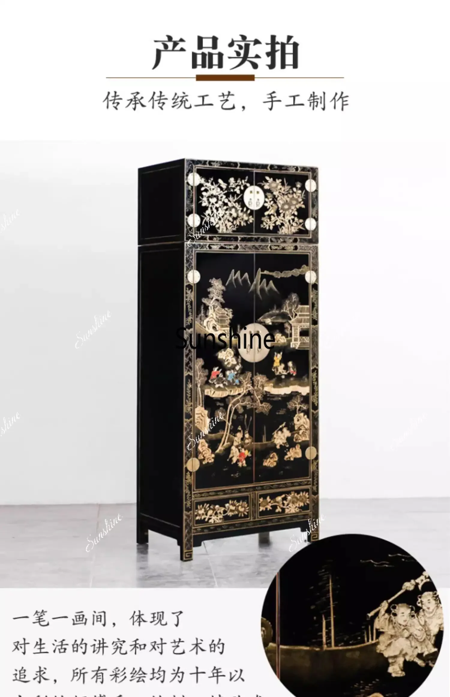

New Chinese-style gold-painted top box cabinet Classical painted antique solid wood wardrobe