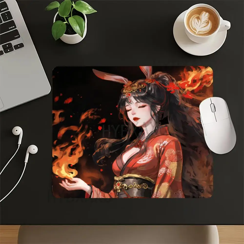 

HYBXAXC Japanese Fox Ear Girl Flame Mouse Pad Small Mousepad Rubber Base Desk Mat for Computer Laptop Gaming