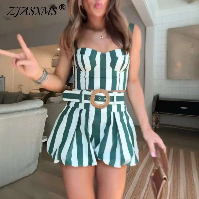 

Sexy Boho Striped Print 2 Piece Sets Women Strapless Bustier Crop Top + Belted Shorts Suits Summer Holiday Backless Party Outfit