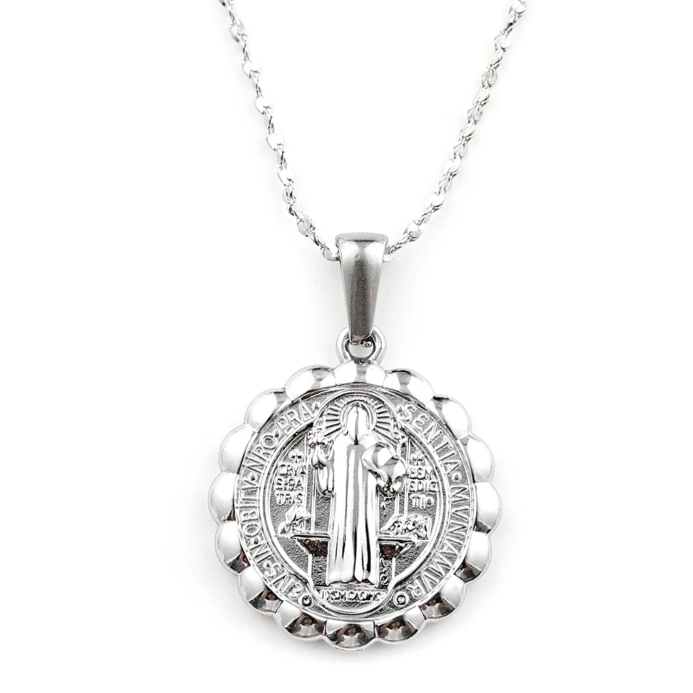 Catholic Saint Benedict Cross Medal Pendant Necklace for Women Men Stainless Steel Rhinestones San Benito Cuban Chain Jewelry