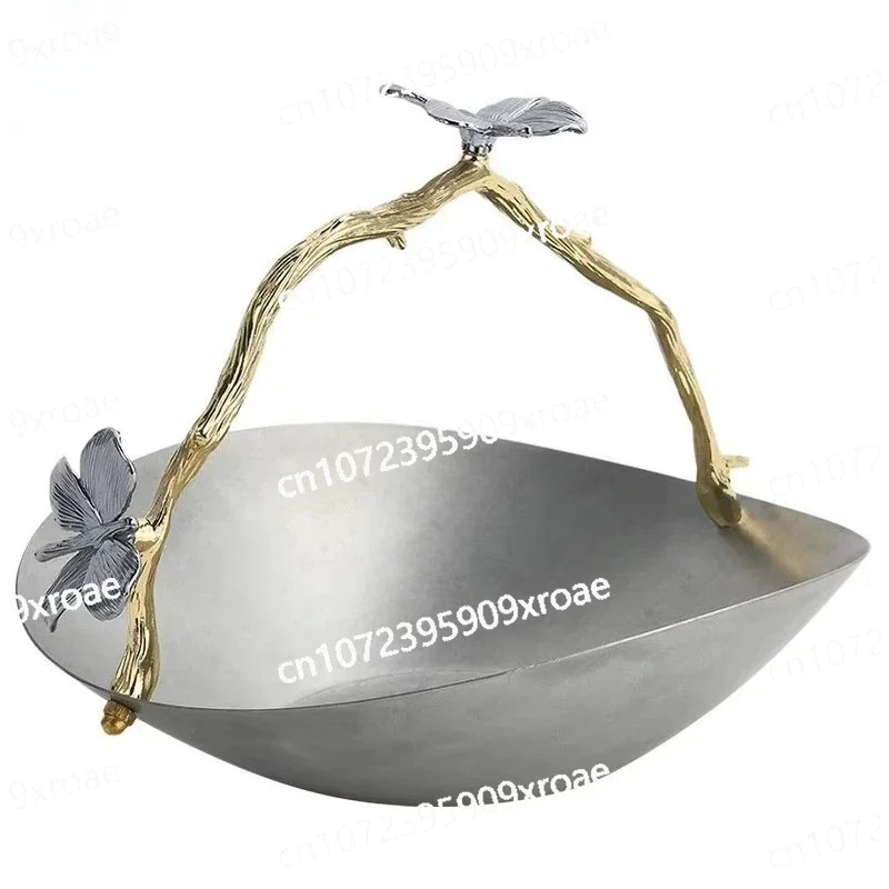 steel fruit bowl with gold metal handle Lightweight luxury high-grade gray stainless