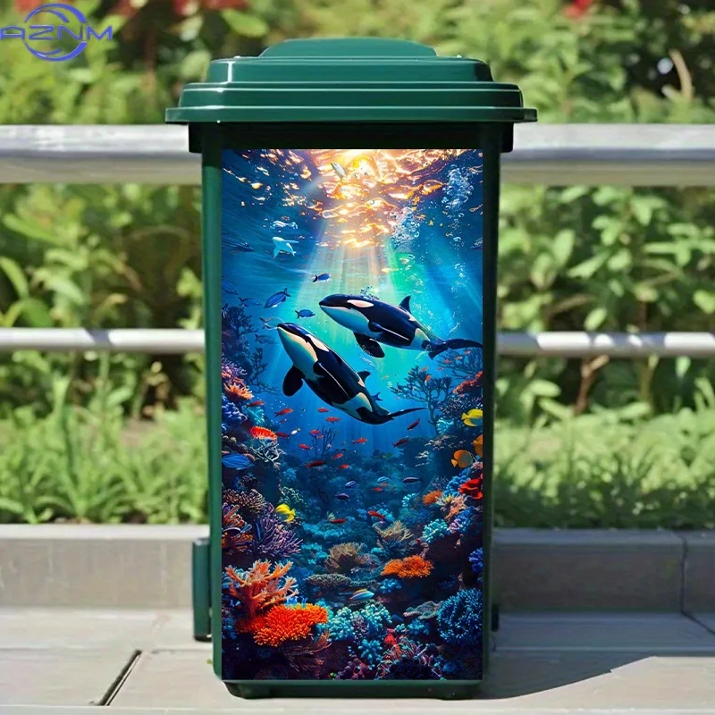 Single Trash Can Decal, Measuring 14.5 by 81.99 cm, Featuring Sunlight Streaming Through The Ocean, Highlighting Corals And Or