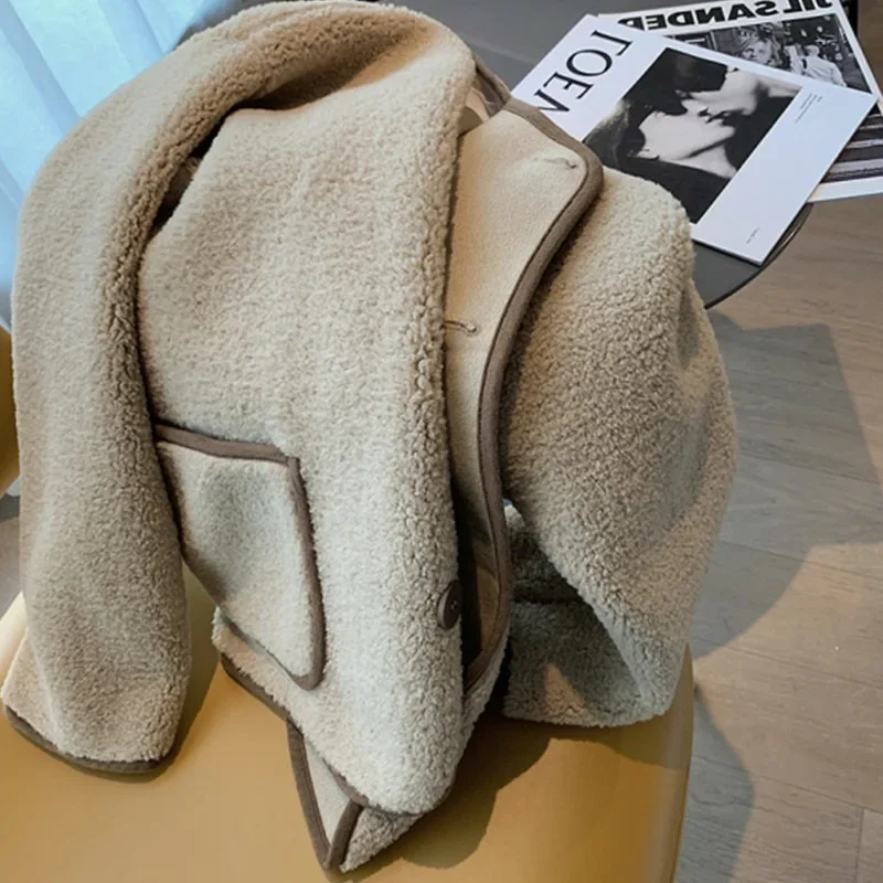 سترة شتوية جديدة فضفاضة قصيرة سميكة من فرو الضأن بأسلوب بسيط مقاس صغير أنيق من ألياف البوليستر معطف بأكمام كاملة #3