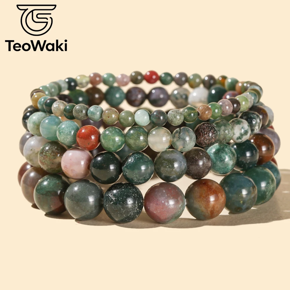 TeoWaki 4/6/8/10mm Natural Stone Beads Indian Agate Elastic Bracelet for Women Men Stress Reduction Maintain Mental Balance 19cm