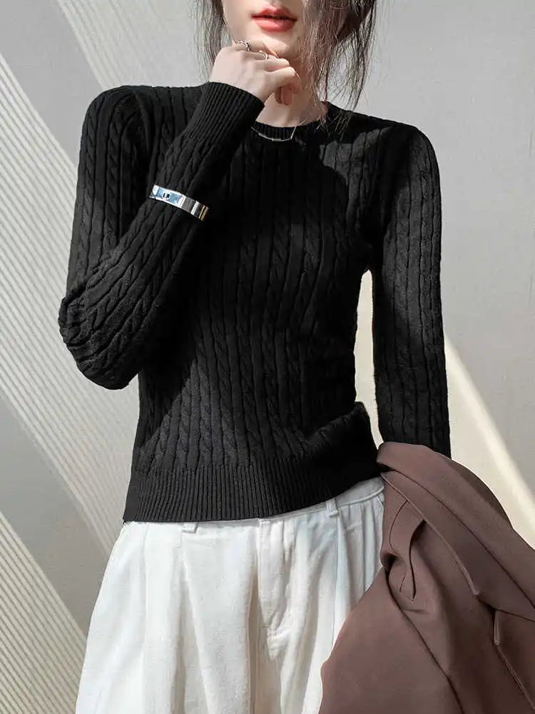 Czarny sweter damski z okrągłym dekoltem, dzianinowy, dopasowany, z długim rękawem, nowy model, bluzki damskie, swetry Q2354