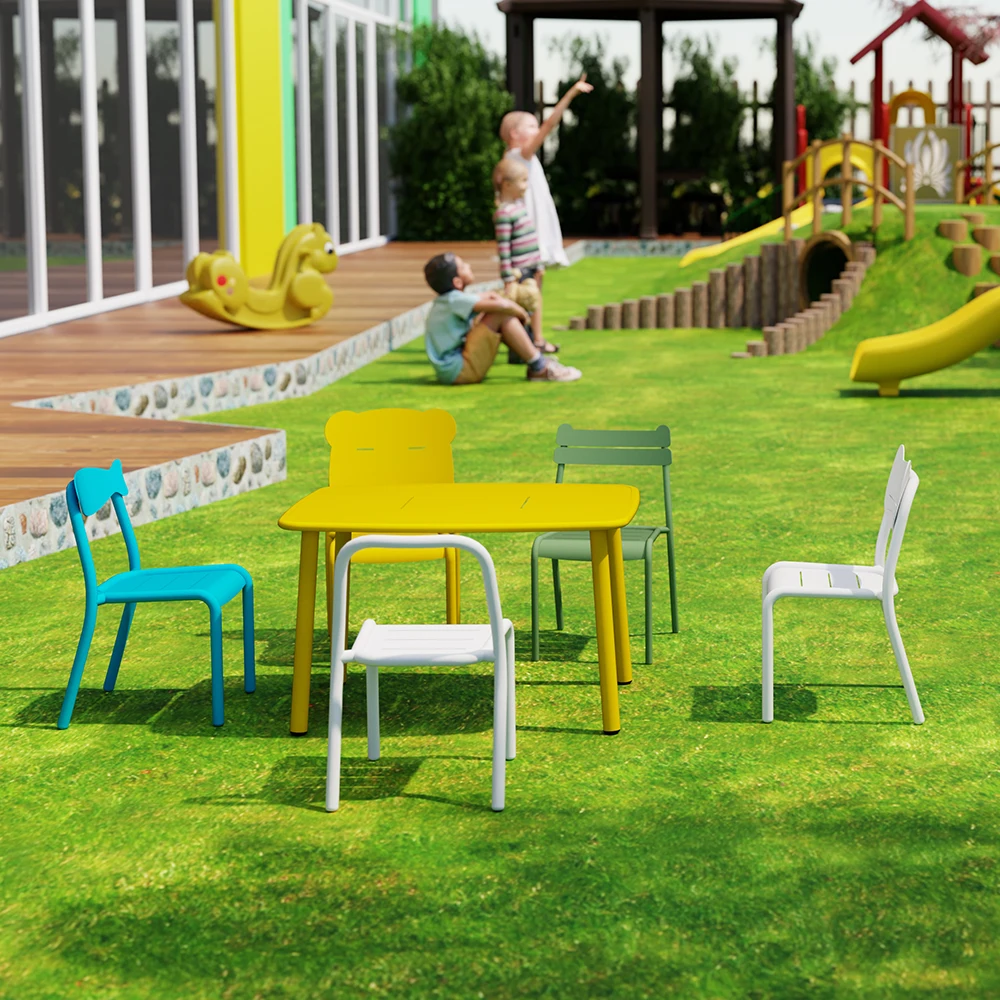 

Aluminum Children Furniture Outdoor Kids Activity Table Set Kids Kindergarten Backyard Desk Colorful Chair
