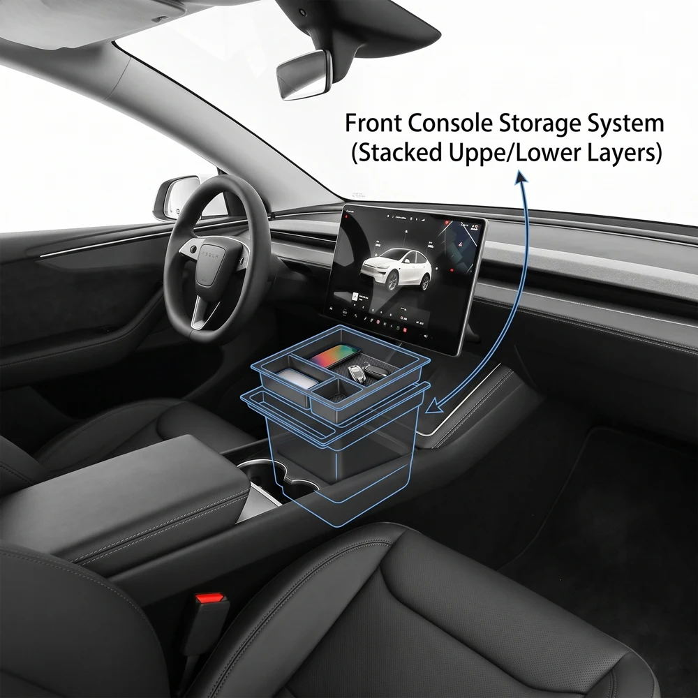 Front Rear Center Console Tray Armrest Hidden Magnetic Secret Box Wireless Charging Mat For Tesla Model Y Juniper 2025 2026