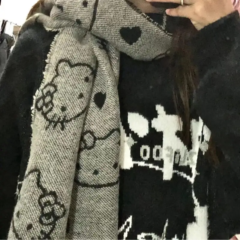 

Sanrio новый шарф Hello Kitty шарф милый стиль мультфильм девушка студент уличный зимний стиль утолщенный теплый ветрозащитный шарф