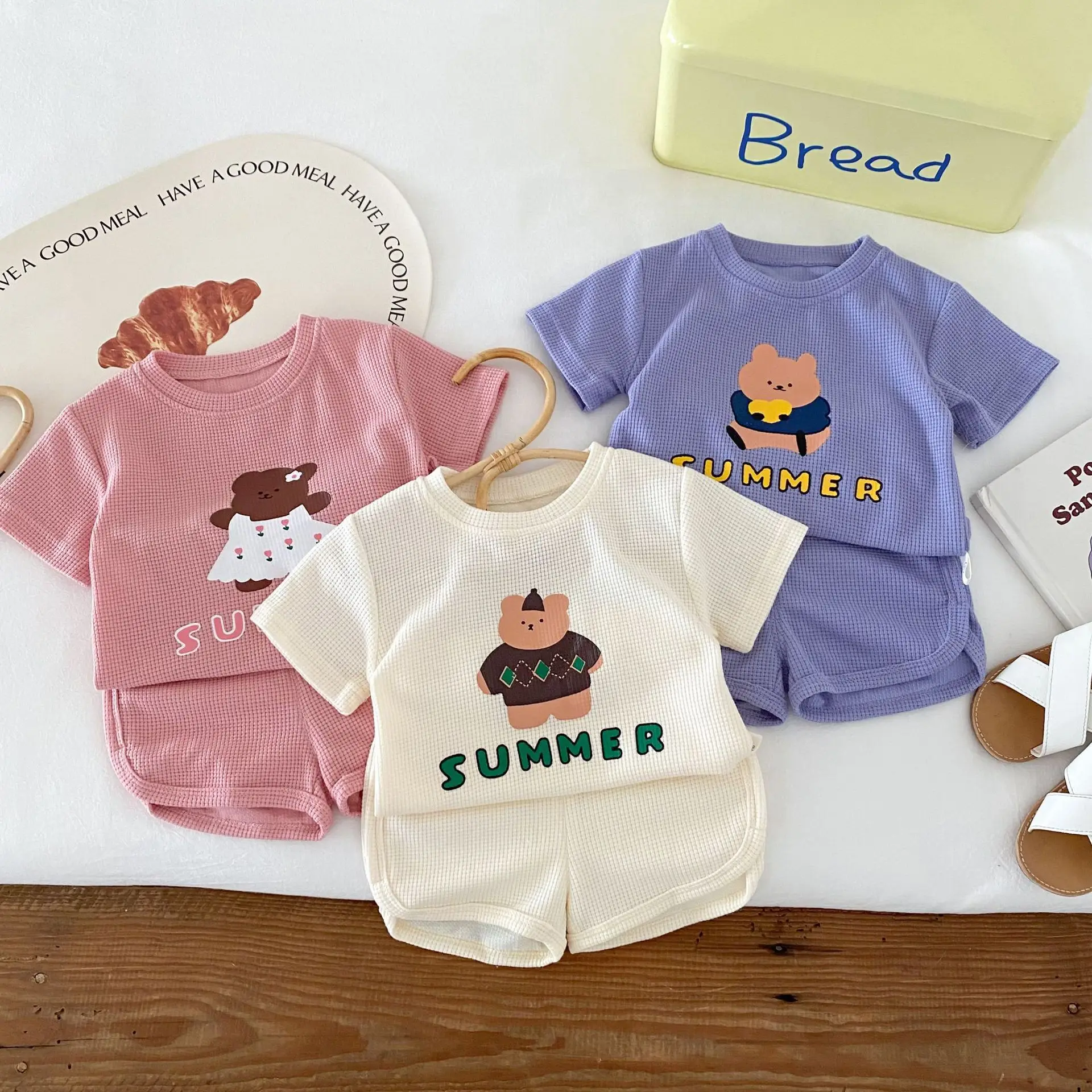 Children's Clothing Sets Bear Monogram Print Short Sleeve + Shorts 2pcs Girls Clothes Set 1 To 5 Years Baby Boy Outfit Set