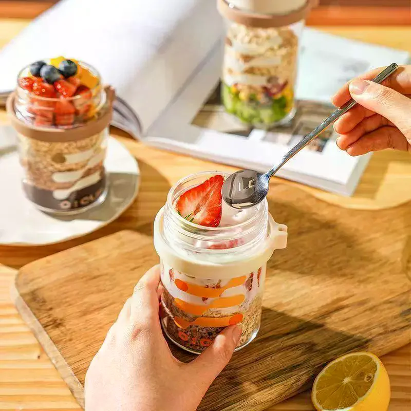 400ML Overnight Oat Cup Glass With Lid And Spoon Seal Breakfast Yogurt Cups Oatmeal Container Portable