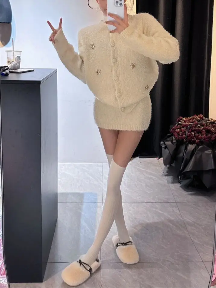 

Korean Winter Aesthetic Heavy Knit Sweater Set Women's Single-Breasted Cardigan + Sexy Mini Skirt