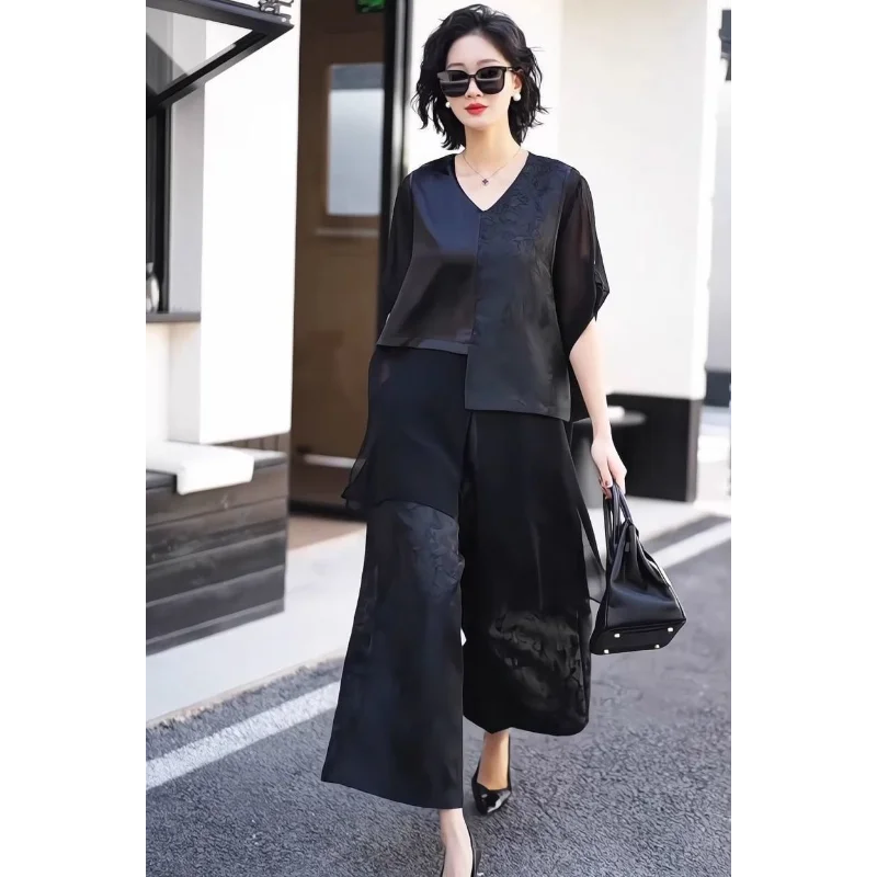 

Women's Black Satin Blouse Wide Leg Pants Set Elegant Office Two Piece Outfit