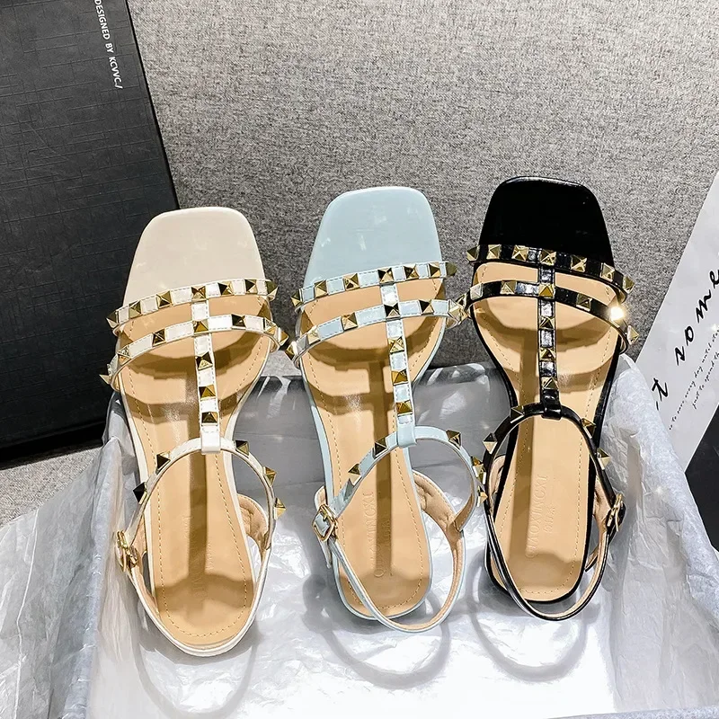 

Women Modern Sandals Summer New Luxury Beautiful Rivet Band Leather Casual High Heels Shoes Sweet Pumps Big Size