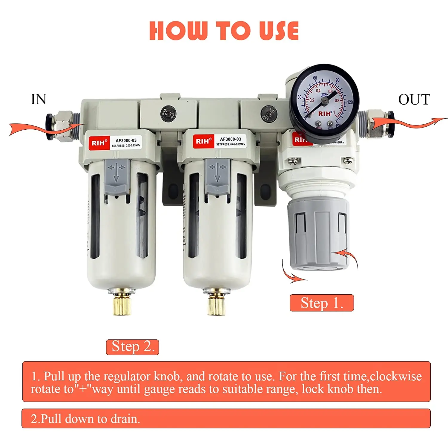 Imagem -05 - Sistema de Secagem de ar Compressor de ar Separador Semi-auto Dreno Pneumático ar Comprimido Filtro Duplo e Regulador Ac311003