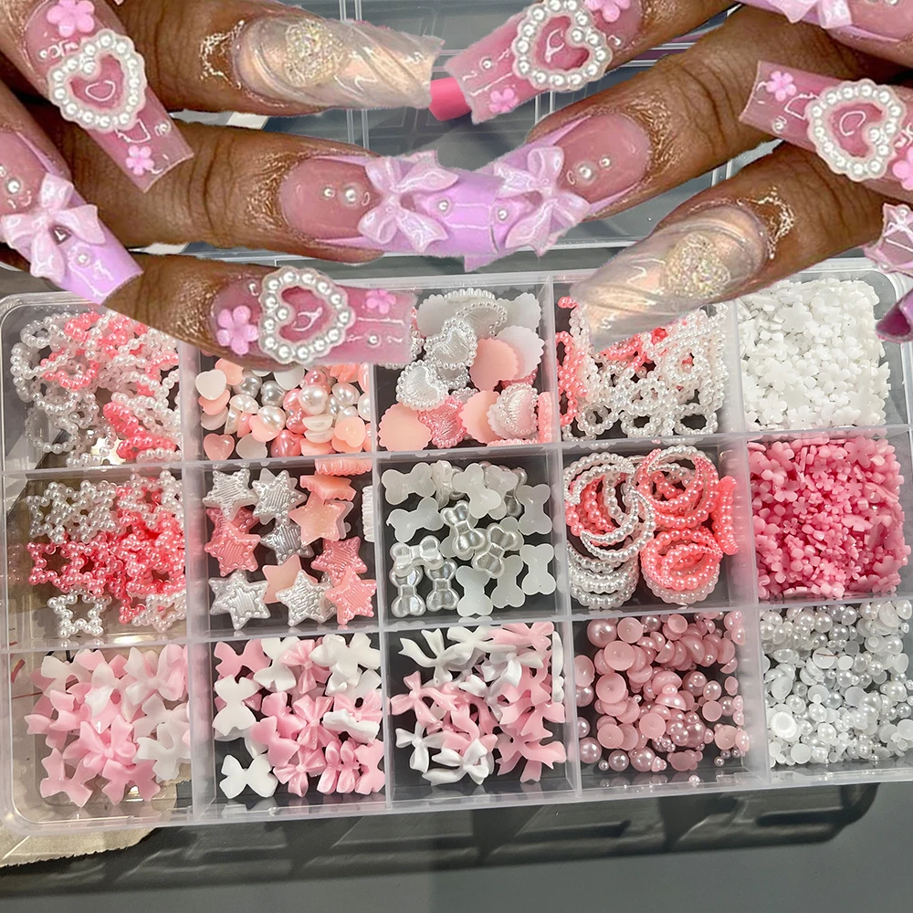 15 grille/boîte 3D acrylique blanc et rose mélange Styles coeur étoile arc ongles breloques mixte Flatback perles strass pour bricolage Nail Art Decorat