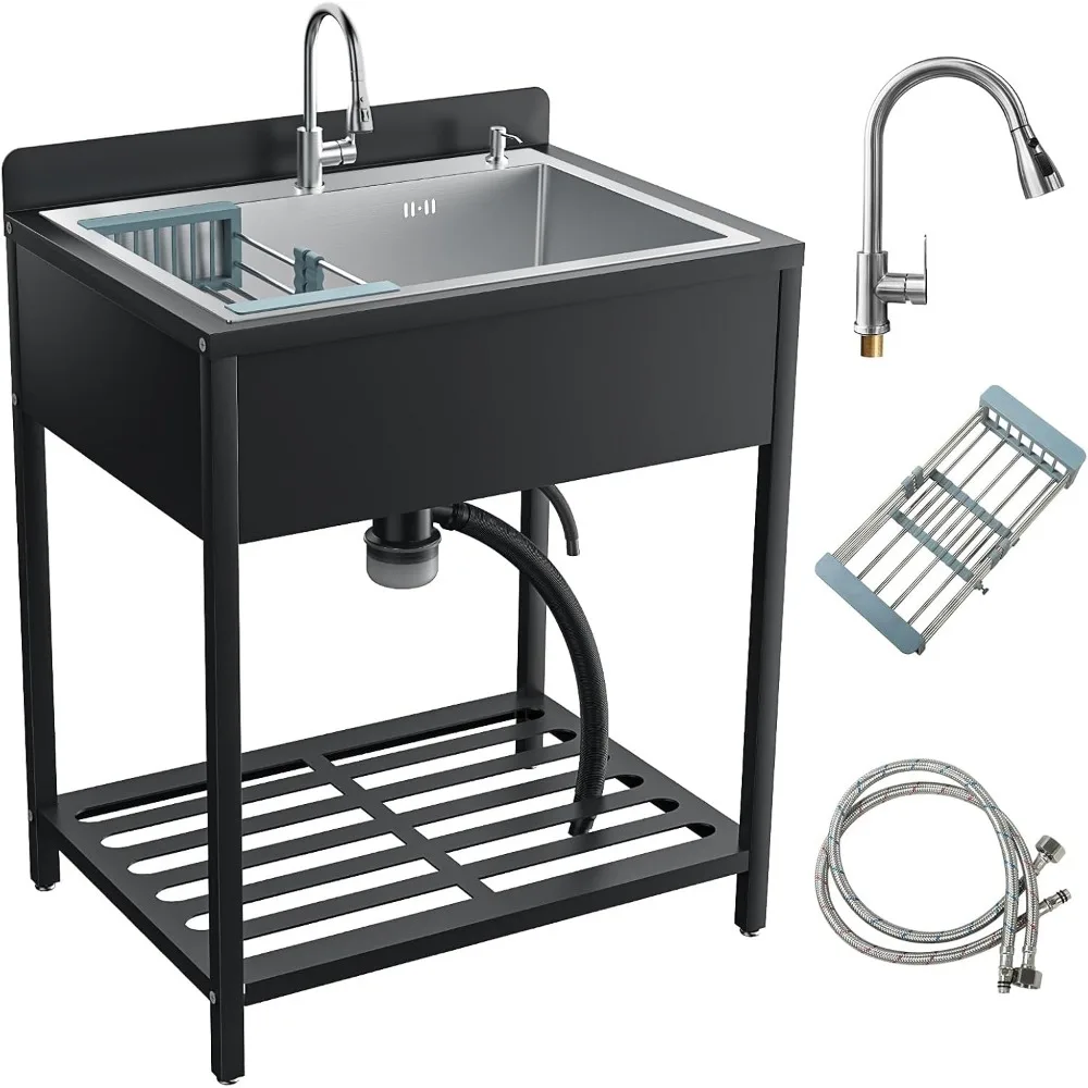 Stainless Steel Freestanding Utility Sink with Cold and Hot Water Faucet, Commercial Kitchen outdoor Sink with Hoses and Drain S