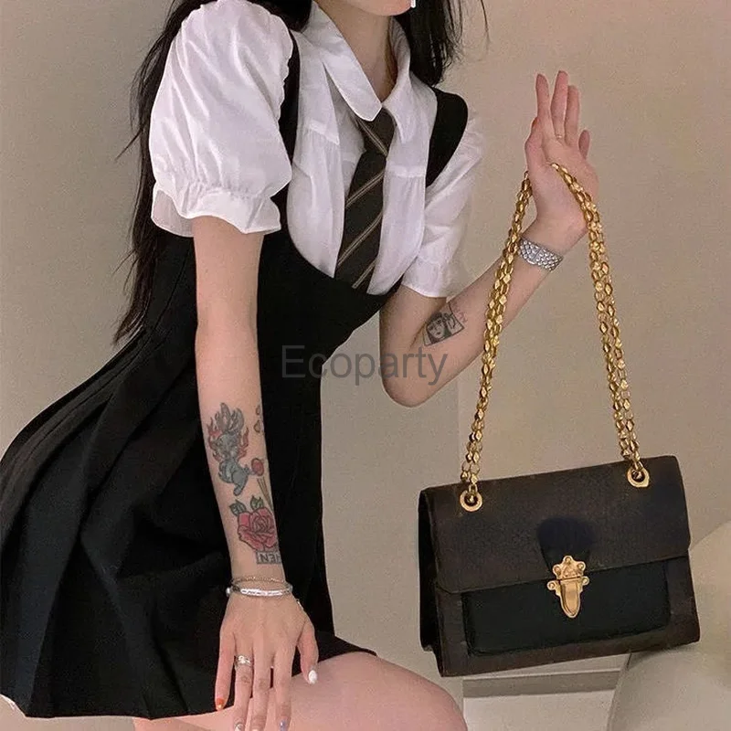 New Women Kawaii Preppy Style High Waist Sleeveless Strap Dress Korea Fashion Jk Uniform Shirt Skirts Black Pleated Mini Dress