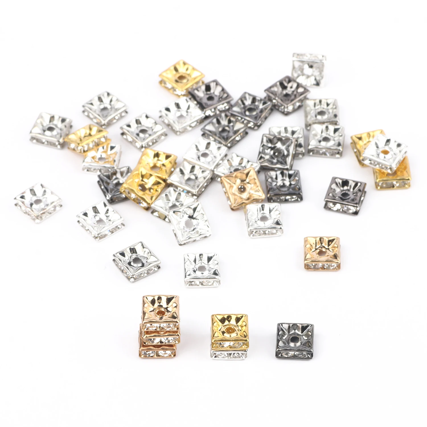 50pcs Gold Silver Color Plated Square Rhinestone Rondelle Crystal Beads Loose Spacer Bead for Jewelry Making DIY Charm Necklace