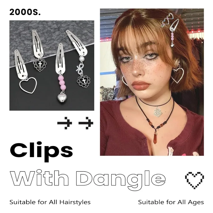 10 قطعة مقاطع الشعر القلب Y2K مقاطع الشعر الفضية المعادن استرخى القلب القوطية المشابك 8 الأشكال الصليب الشرير إكسسوارات الشعر للنساء