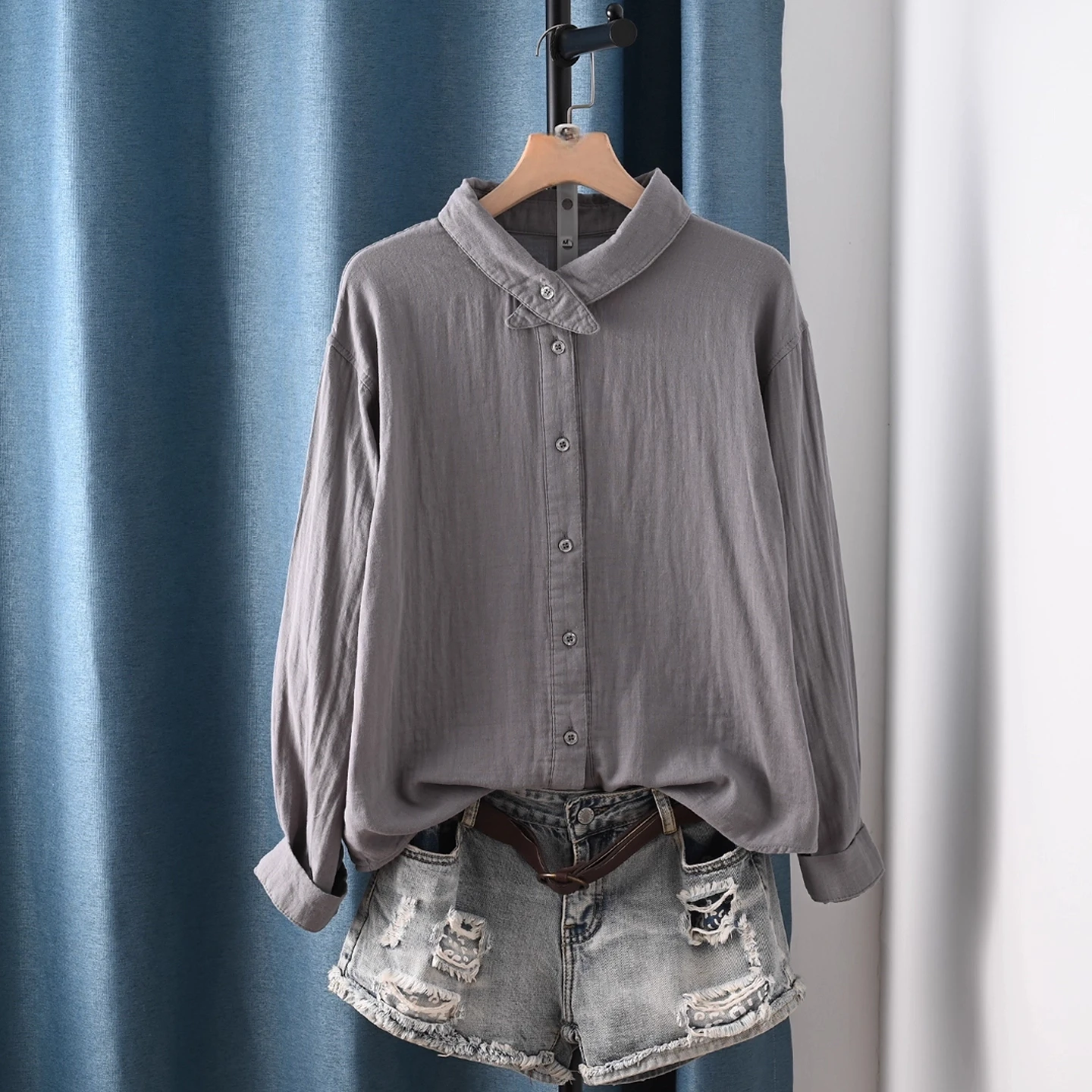 Enianechu Camicette da donna graziose ed eleganti 100% filato di cotone Camicie solide bianche rosse grigie originali Top da donna a maniche lunghe