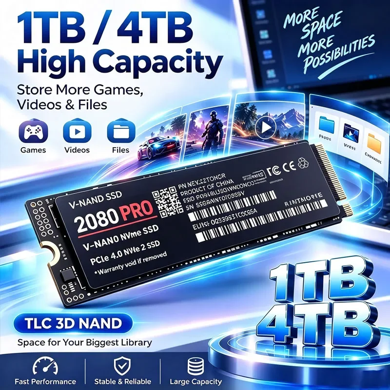 SSD M.2 NVMe 2026 2080 PRO PCIe Gen4.0 X4 TLC 3D NAND 1TB 4TB 2280 Unidade de Estado Sólido Interna para Jogos em PC e Laptop