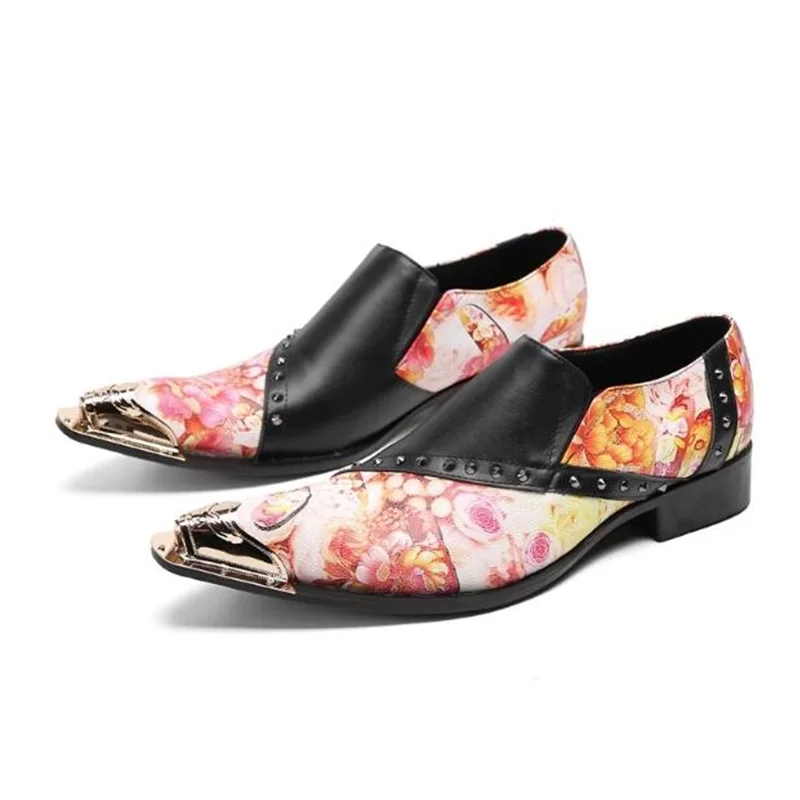 

Floral Printed Rivets Men Loafters Black Leather Patchwork Metal Iron Pointed Toe Slip On Mens Casual Male Zapatos Hombre