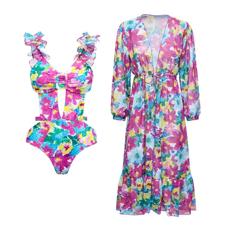 One Piece Swimsuit For Women European And American One-piece Swimsuit Ruffle Edge Shoulder Strap Hollow Backless Printed One-pie