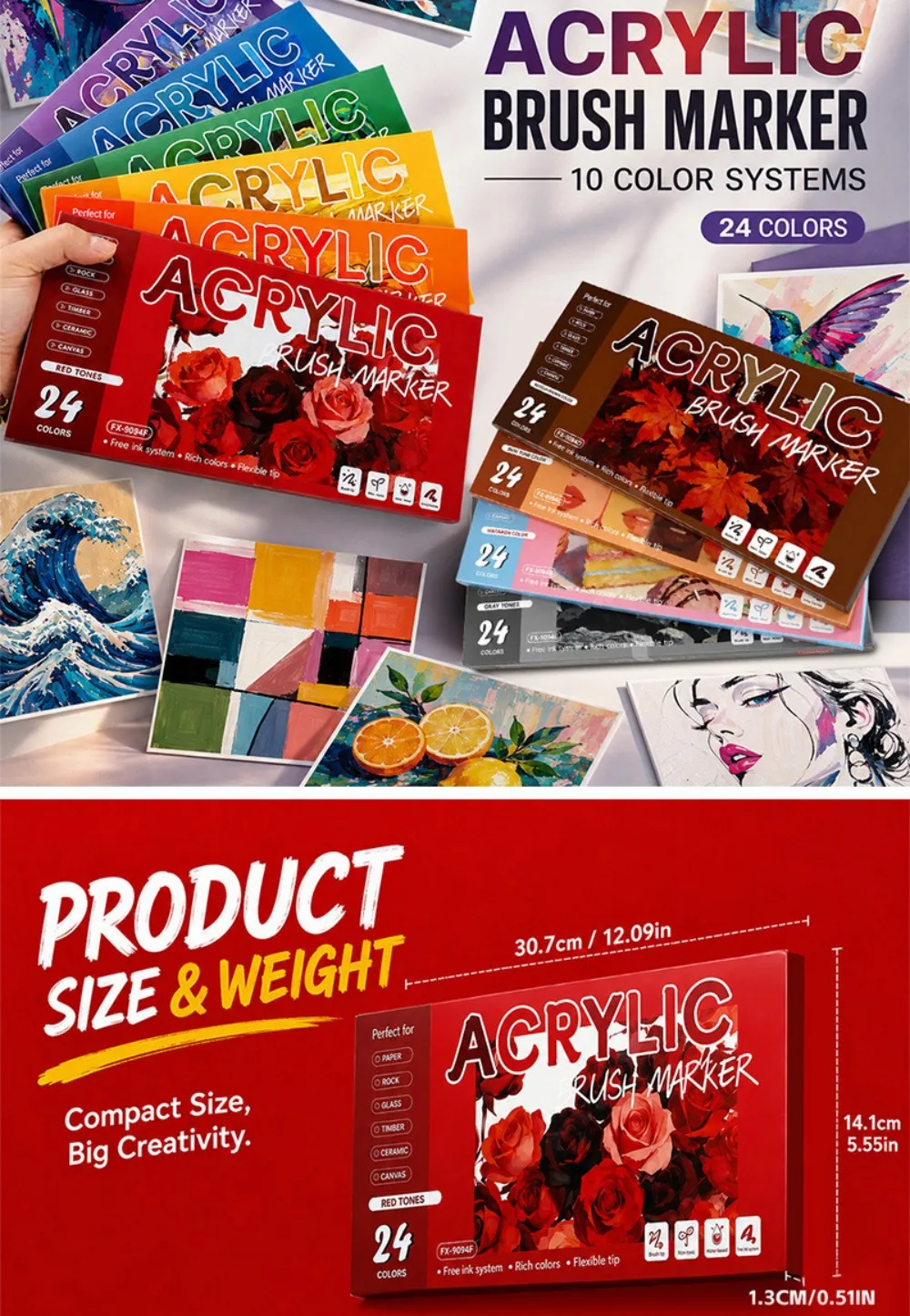 Set mit 12 oder 24 Acryl-Marker-Stiften (Pinselspitze) – geeignet für Stein, Glas, Holz, Keramik, Leinwand, Luftballons, Papier und DIY-Bastelprojekte – Detail 6