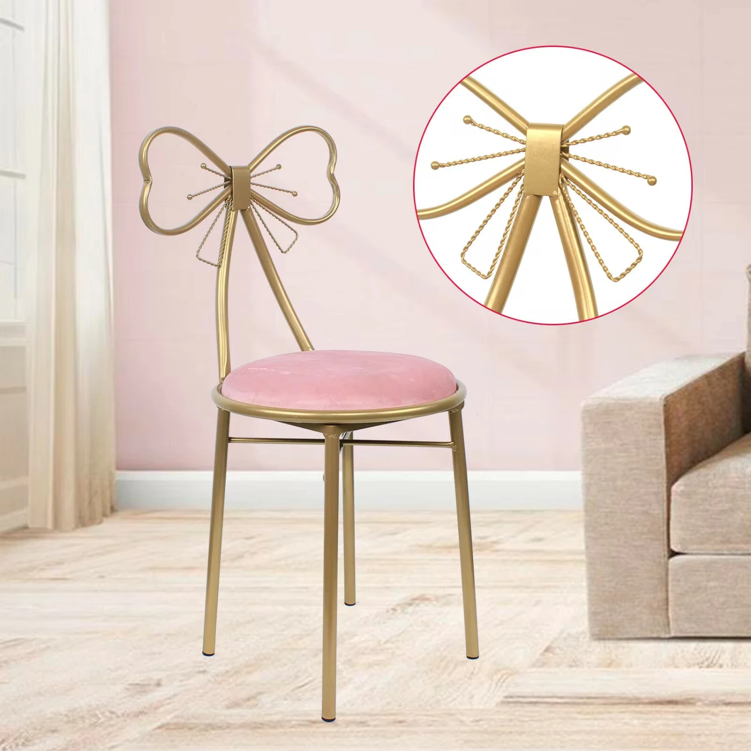 

Pink Chair Bedroom Comfortable Backrest Dressing Coffee Shop Bow-Knot Stool 82cm