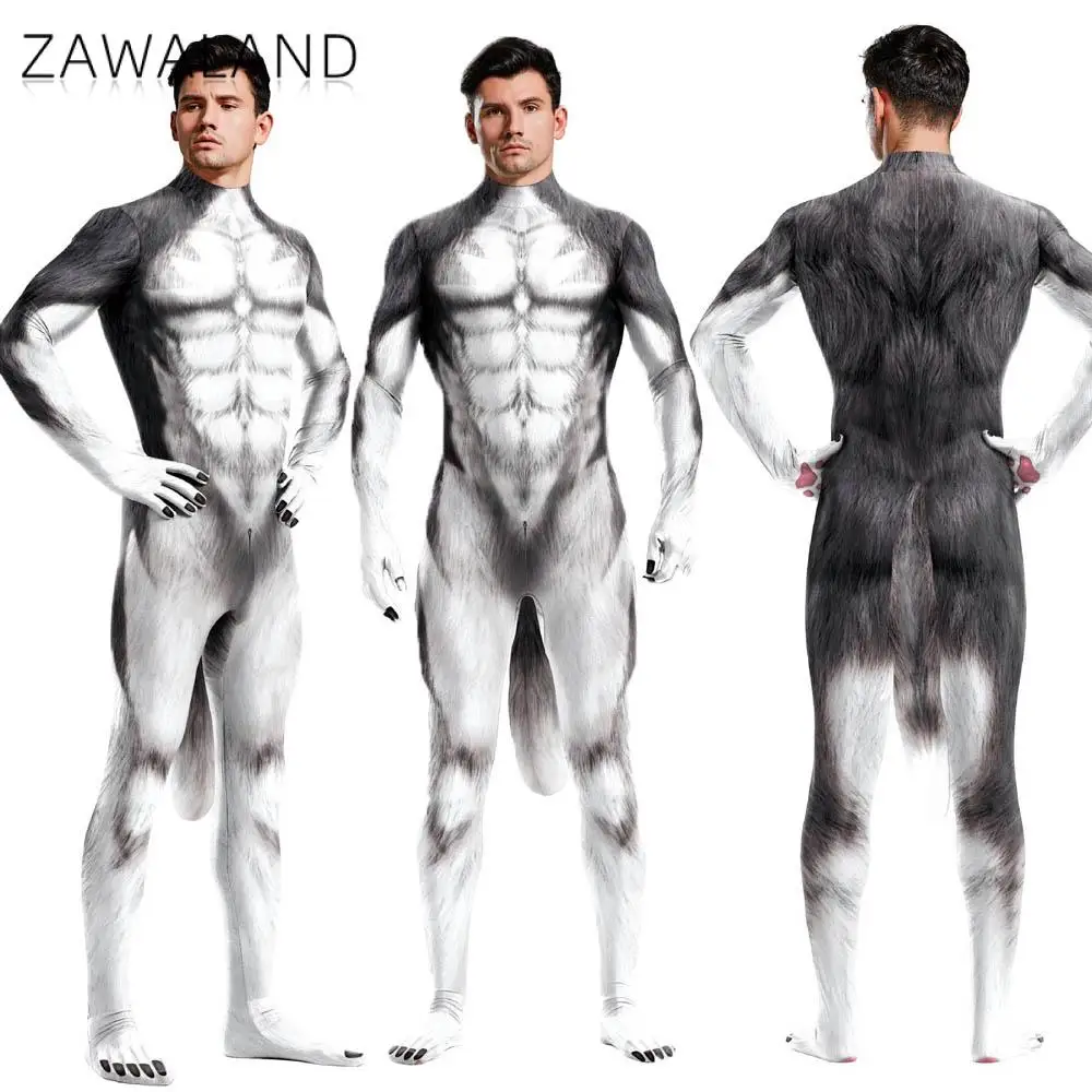 

Men Animal Husky Costume Cosplay Jumpsuit Halloween Fancy Dress Up Carnival Party Siberian Husky Full Bodysuit with Big Tail