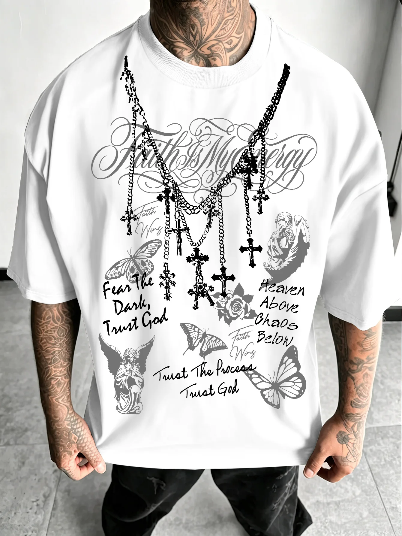 Men's Front Cross Chain Angel Butterfly Rose Print T-shirt, Gothic Belief Y2K Loose High Street Short Sleeved Top